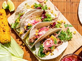Quick Pulled Pork, Sweetcorn & Pickled Onion Tacos
