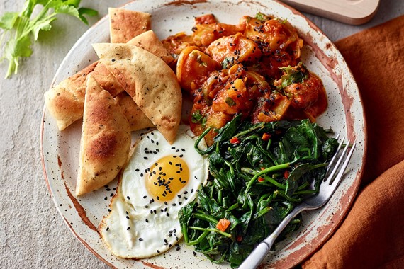 Indian Eggs with Naan Soldiers, Bombay Potatoes and Saag